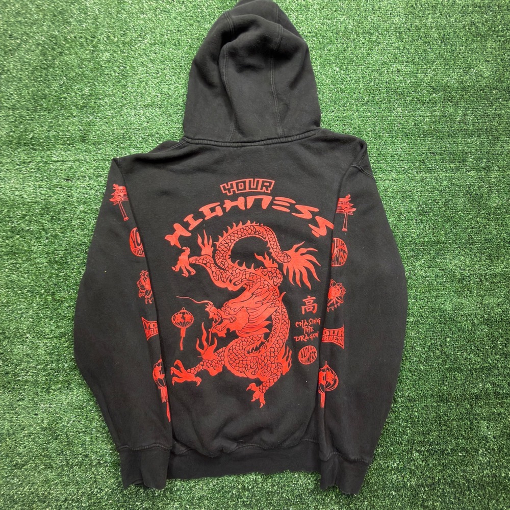 Your Highness Chasing the Dragon Hoodie Mens Medium Black Red Streetwear Graphic